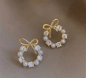 Elegant Pearl & Crystal Bow Circle Earrings