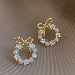 Elegant Pearl & Crystal Bow Circle Earrings