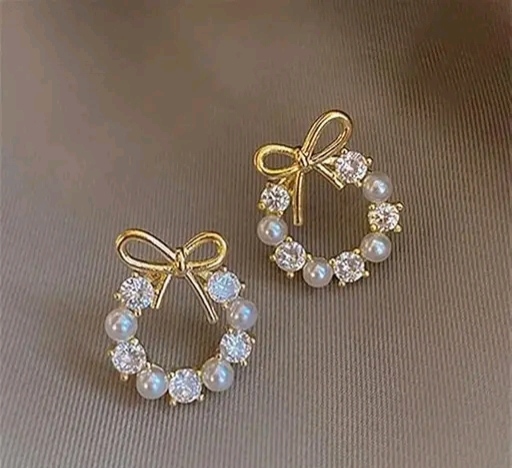 Elegant Pearl & Crystal Bow Circle Earrings
